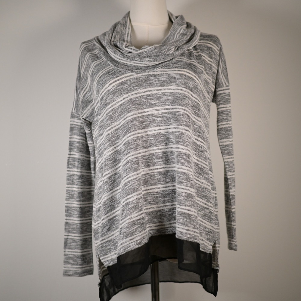 White House Black Market Grey Striped Cowl Neck Tunic Chiffon Hem XS